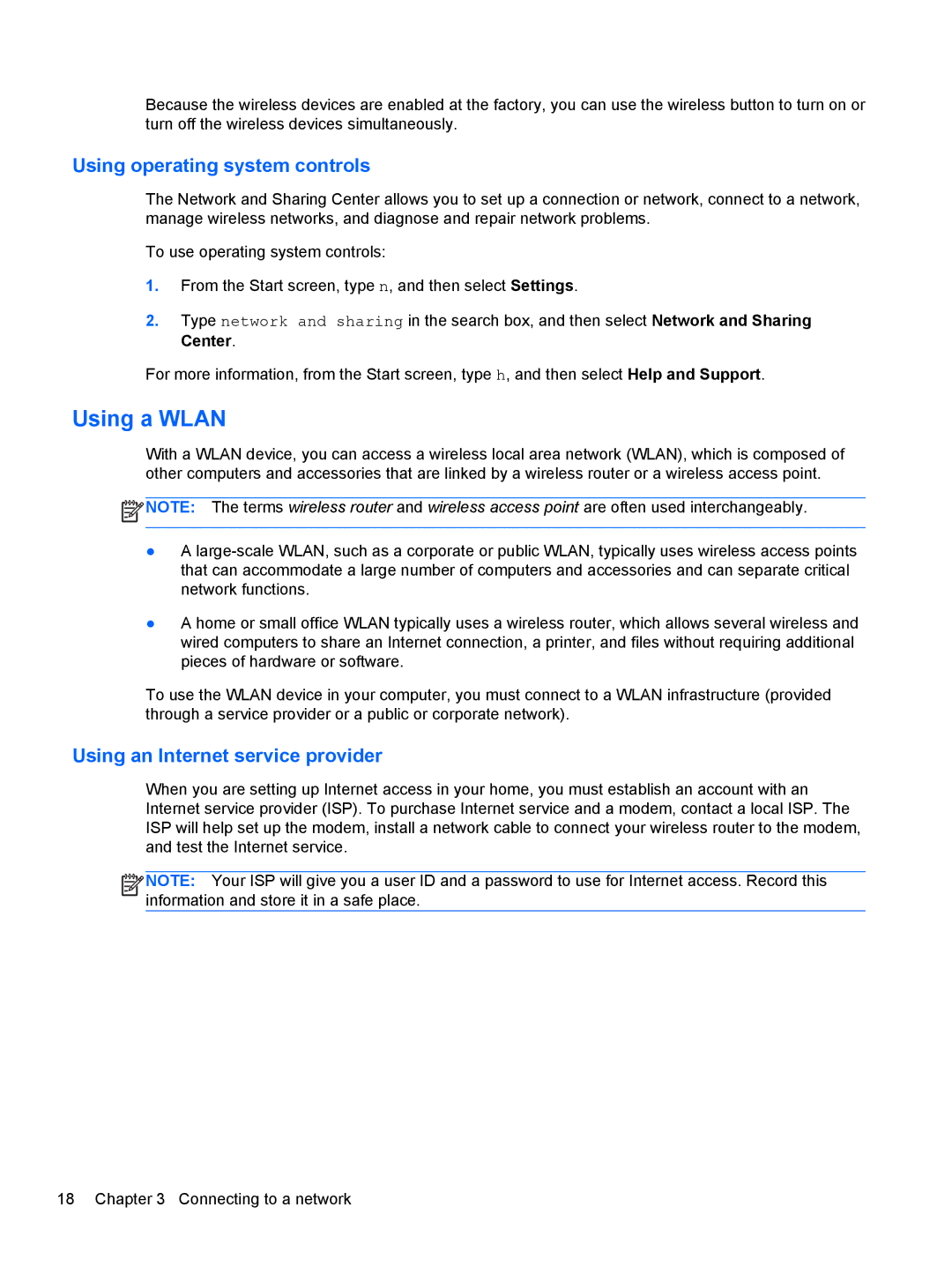 HP C2N11UA#ABA manual Using a Wlan, Using operating system controls, Using an Internet service provider 