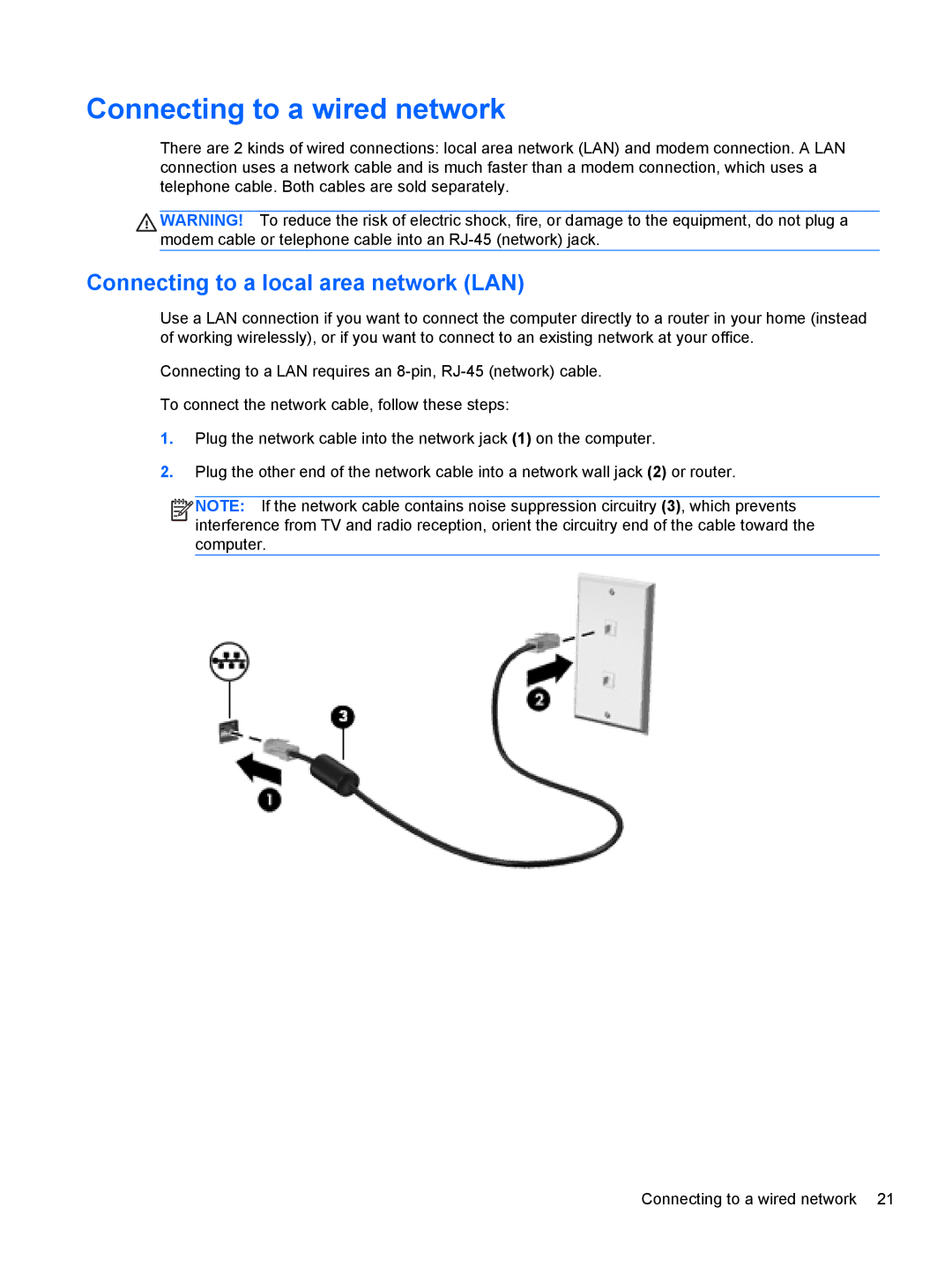 HP C2N11UA#ABA manual Connecting to a wired network, Connecting to a local area network LAN 