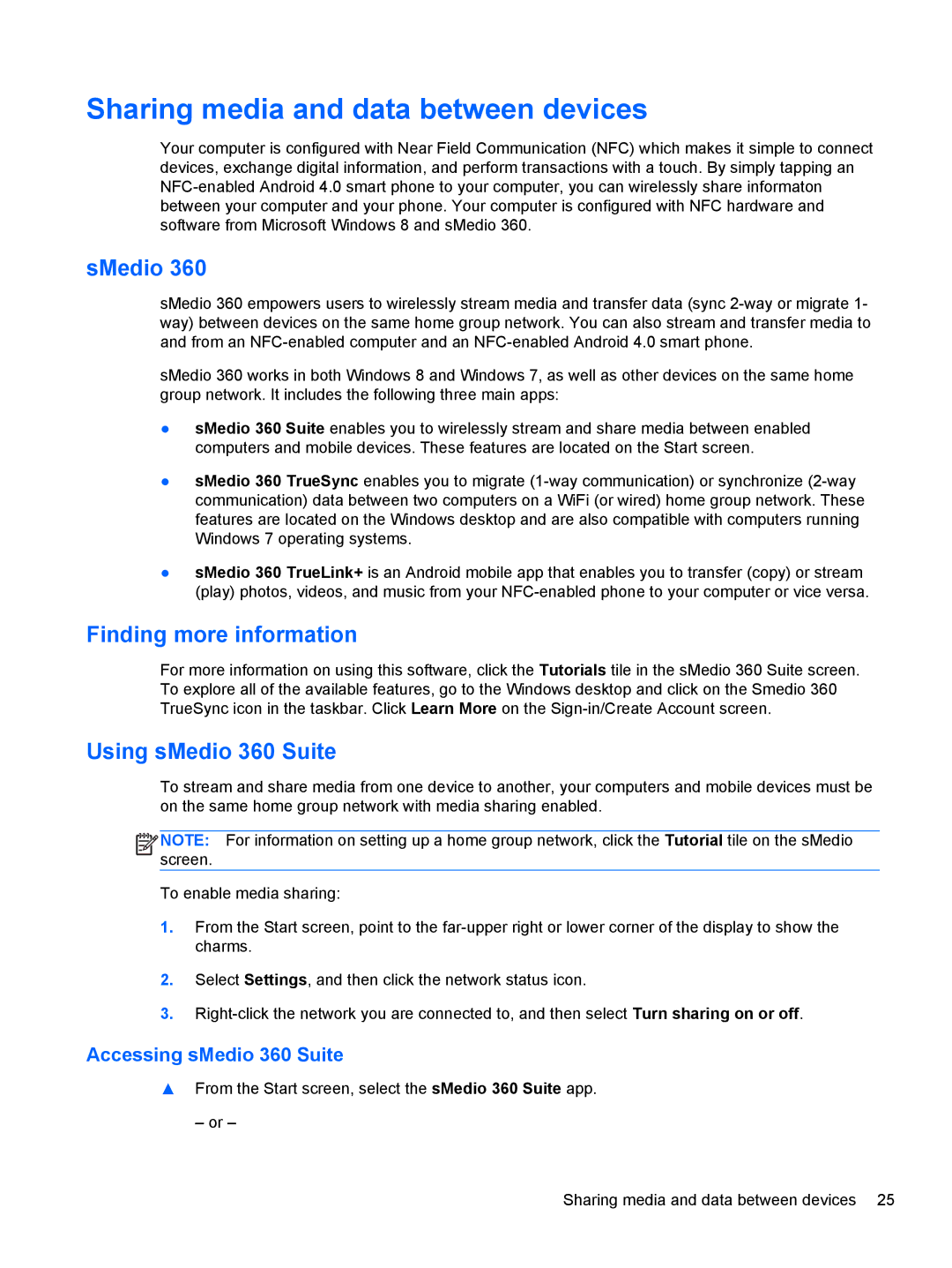 HP C2N11UA#ABA manual Sharing media and data between devices, SMedio, Finding more information, Using sMedio 360 Suite 