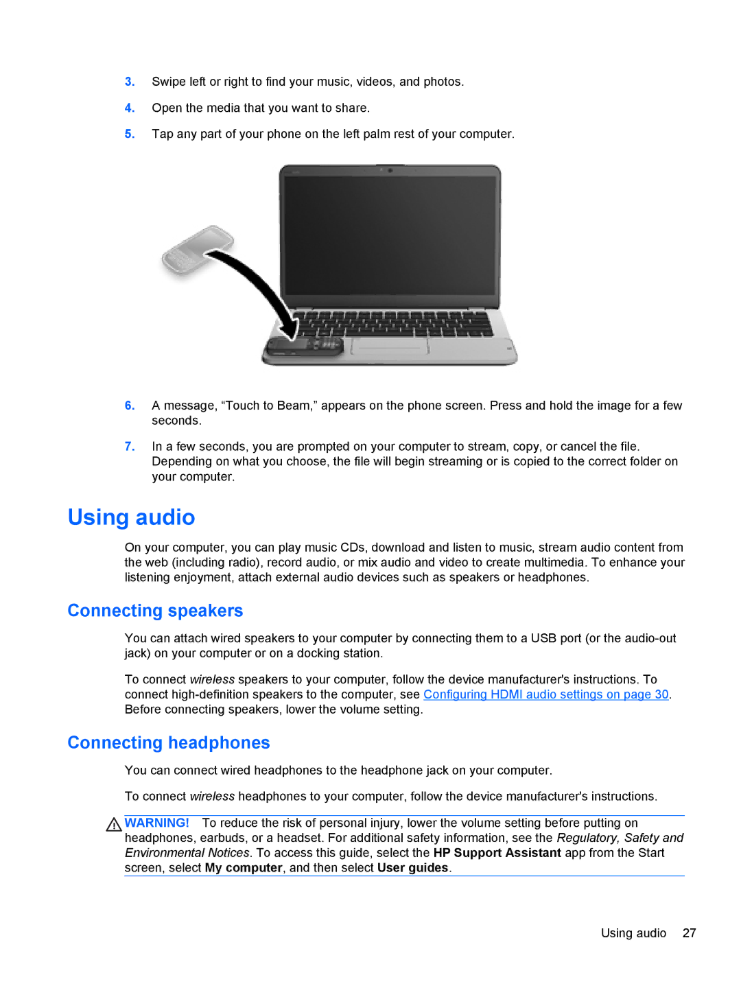 HP C2N11UA#ABA manual Using audio, Connecting speakers, Connecting headphones 