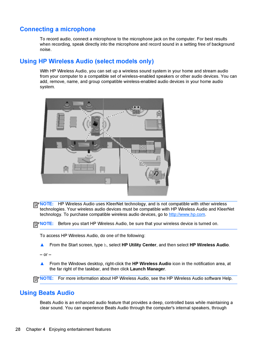 HP C2N11UA#ABA manual Connecting a microphone, Using HP Wireless Audio select models only, Using Beats Audio 