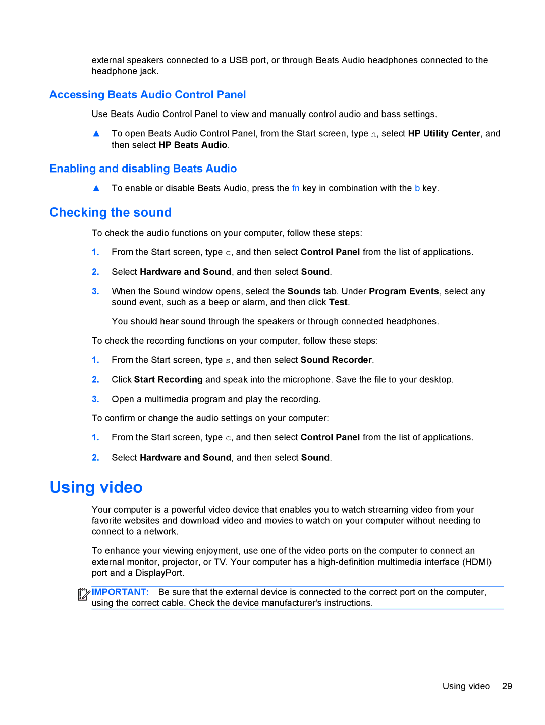 HP C2N11UA#ABA Using video, Checking the sound, Accessing Beats Audio Control Panel, Enabling and disabling Beats Audio 