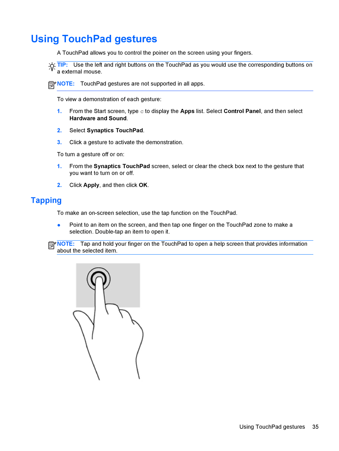 HP C2N11UA#ABA manual Using TouchPad gestures, Tapping 