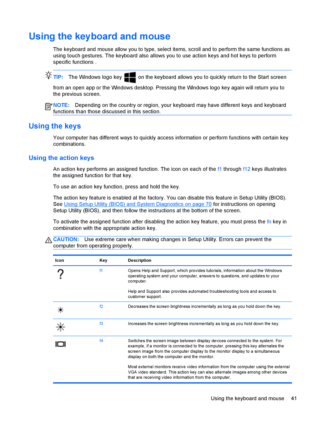 HP C2N11UA#ABA manual Using the keyboard and mouse, Using the keys, Using the action keys, Icon Key Description 