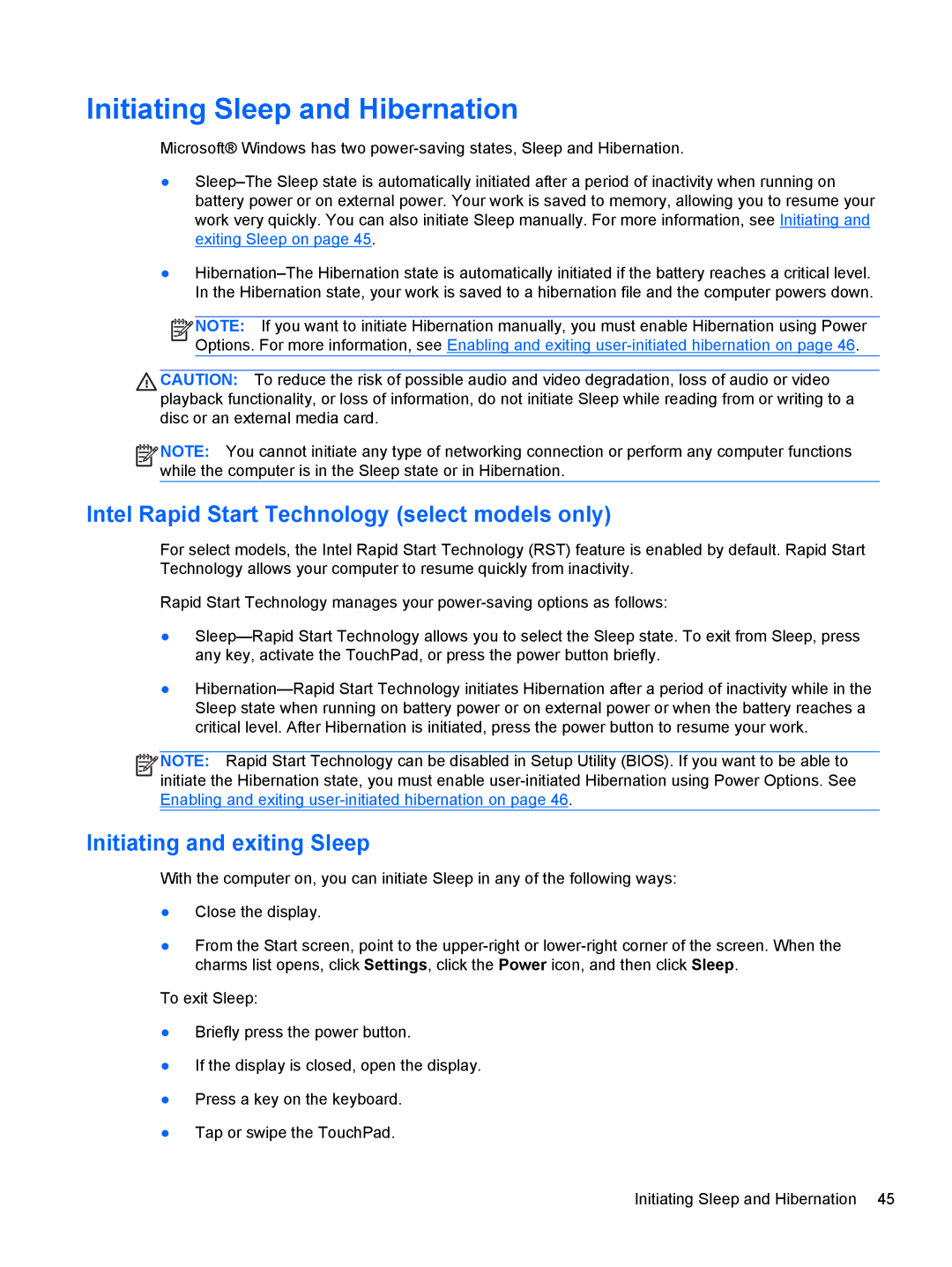 HP C2N11UA#ABA manual Initiating Sleep and Hibernation, Intel Rapid Start Technology select models only 