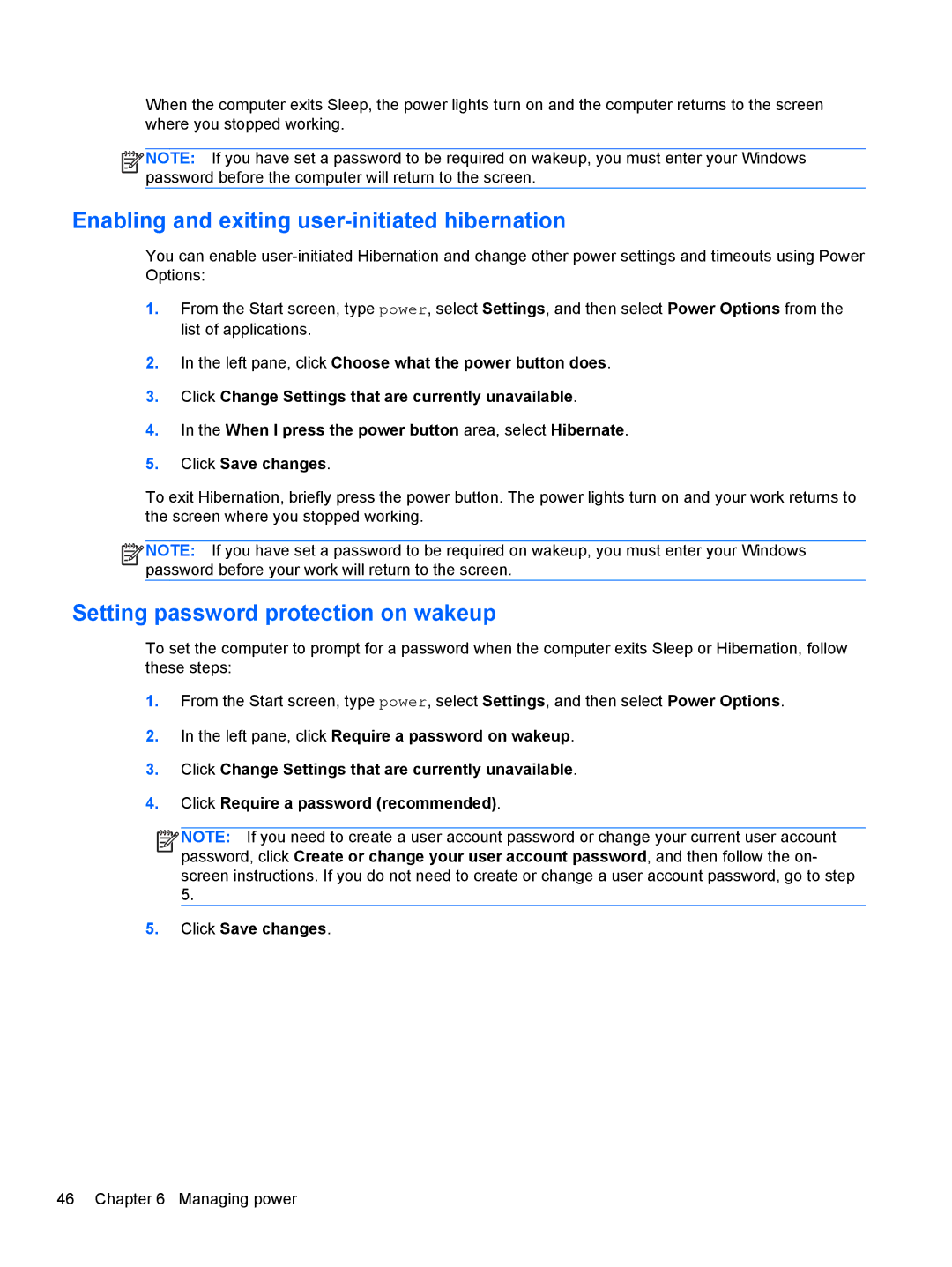 HP C2N11UA#ABA manual Enabling and exiting user-initiated hibernation, Setting password protection on wakeup 