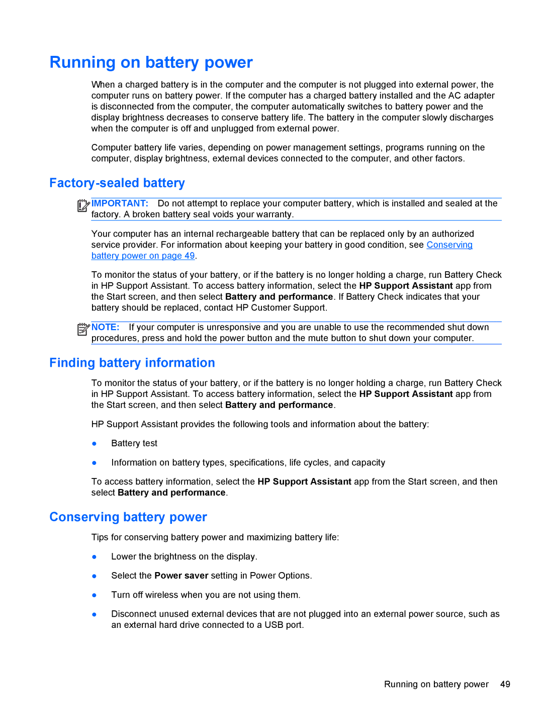 HP C2N11UA#ABA Running on battery power, Factory-sealed battery, Finding battery information, Conserving battery power 