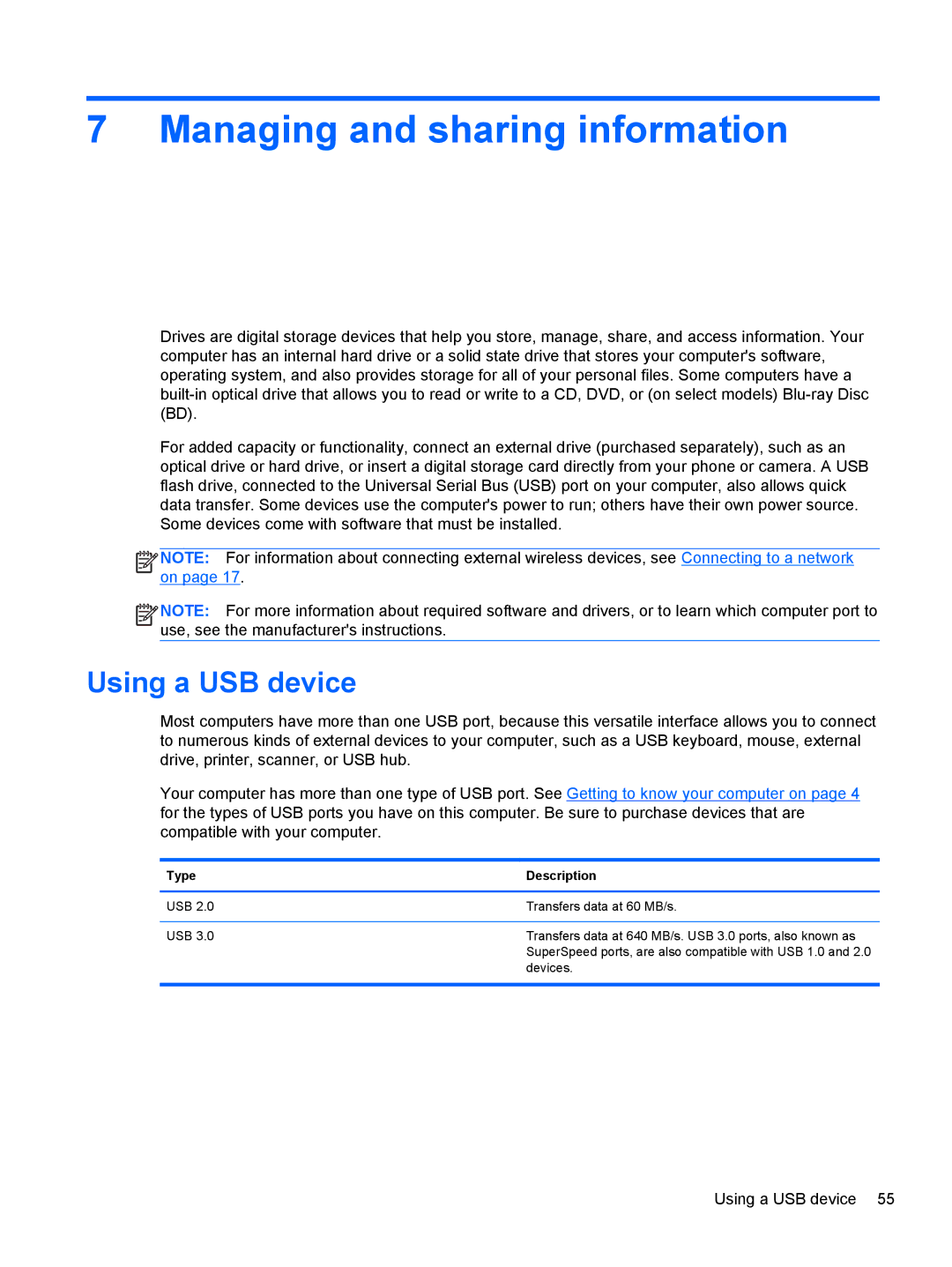 HP C2N11UA#ABA manual Managing and sharing information, Using a USB device, Type Description 