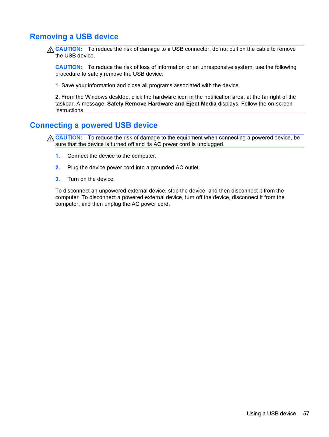 HP C2N11UA#ABA manual Removing a USB device, Connecting a powered USB device 