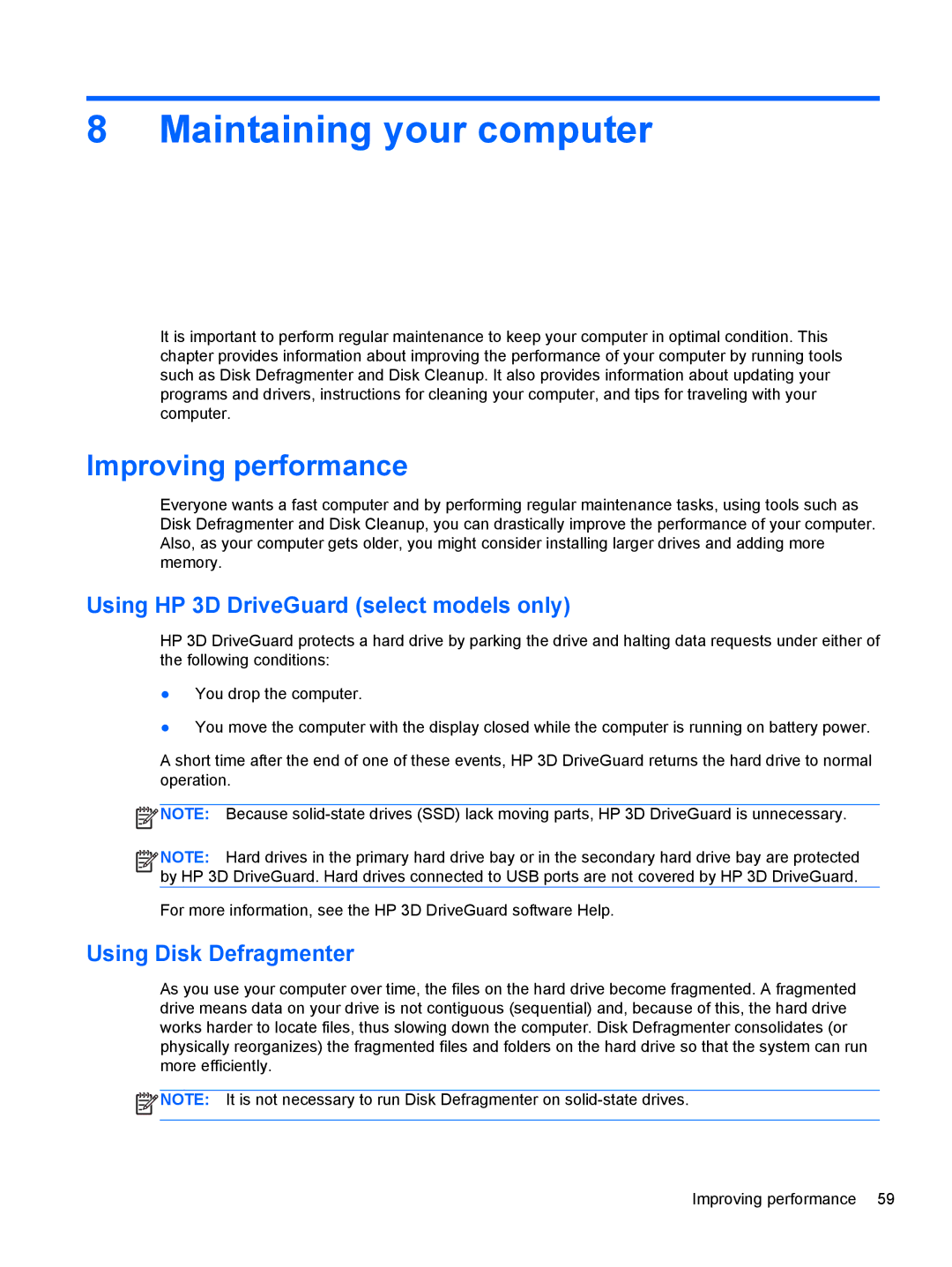 HP C2N11UA#ABA manual Maintaining your computer, Improving performance, Using HP 3D DriveGuard select models only 