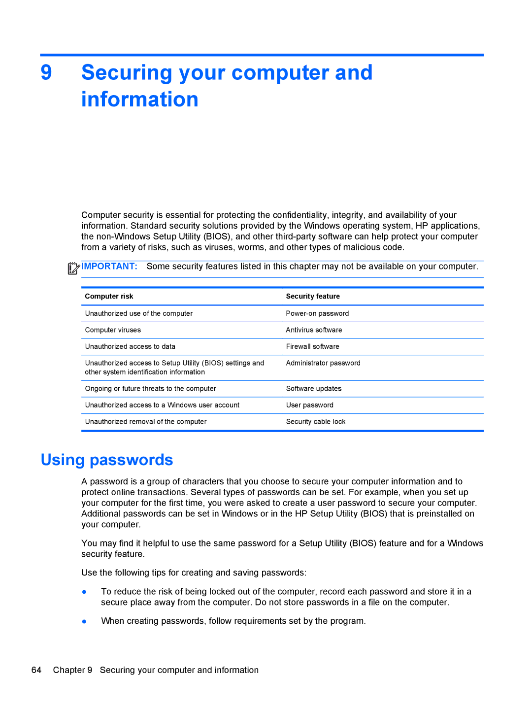 HP C2N11UA#ABA manual Securing your computer and information, Using passwords, Computer risk Security feature 