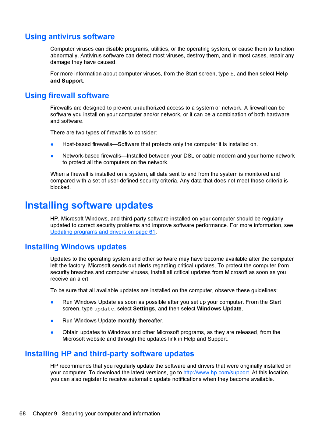 HP C2N11UA#ABA Installing software updates, Using antivirus software, Using firewall software, Installing Windows updates 