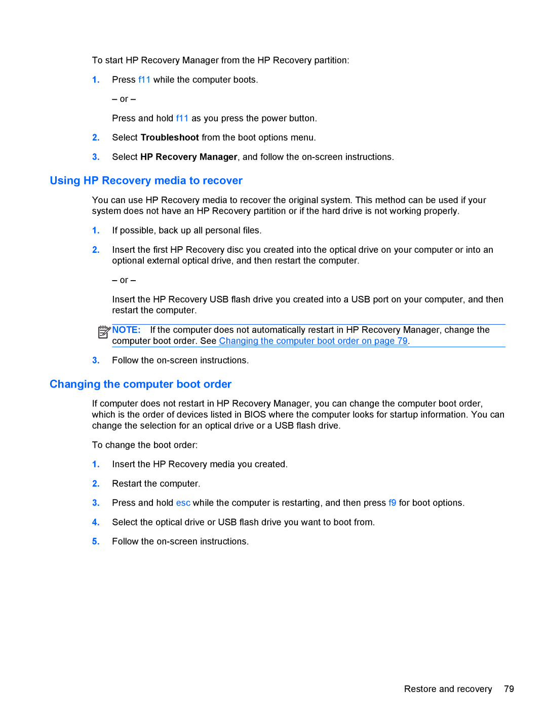 HP C2N11UA#ABA manual Using HP Recovery media to recover, Changing the computer boot order 