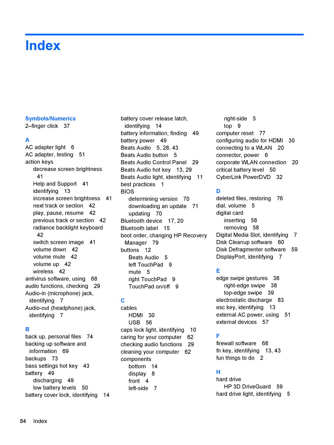 HP C2N11UA#ABA manual Index, Symbols/Numerics 