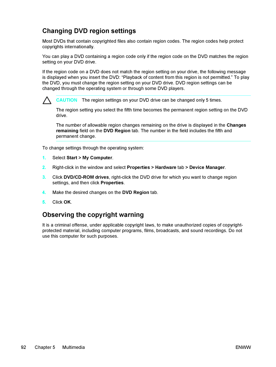 HP C2N25UA manual Changing DVD region settings, Observing the copyright warning 