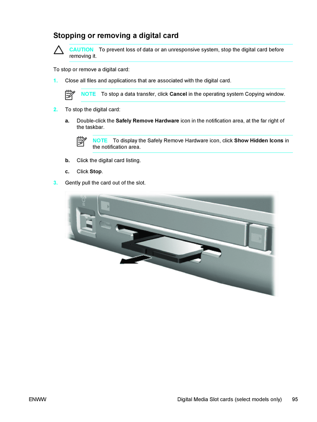 HP C2N25UA manual Stopping or removing a digital card 