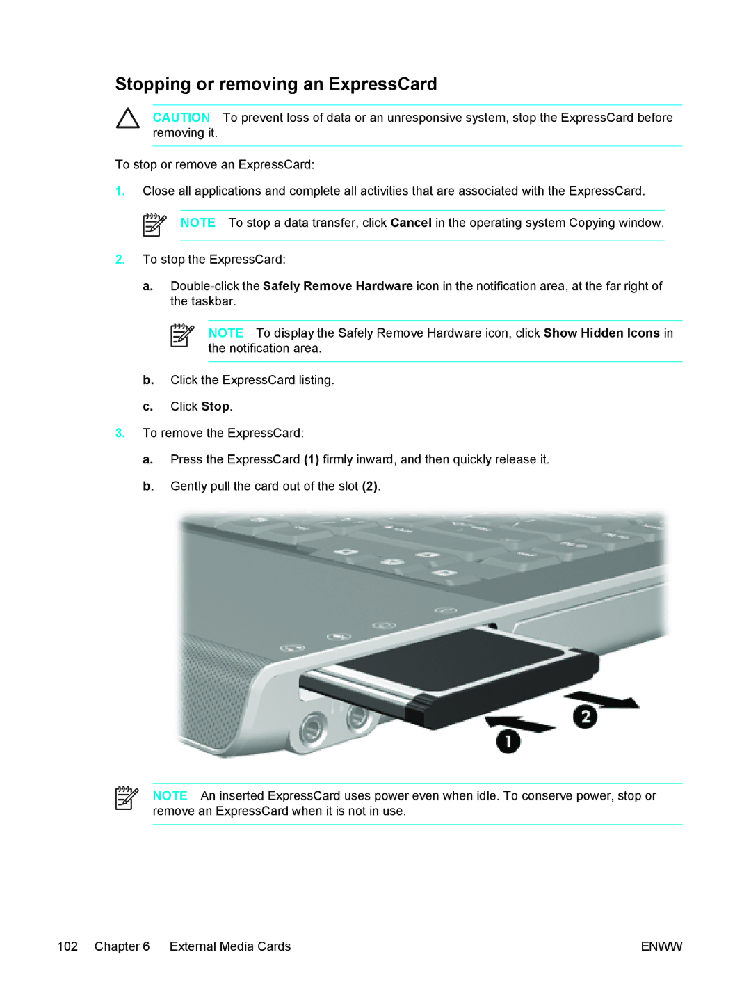 HP C2N25UA manual Stopping or removing an ExpressCard 