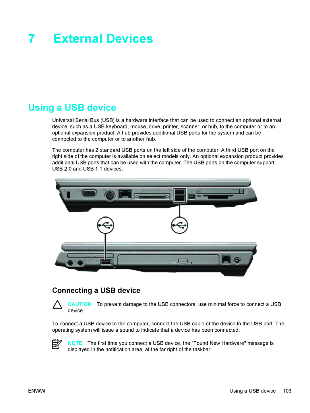 HP C2N25UA manual External Devices, Using a USB device, Connecting a USB device 