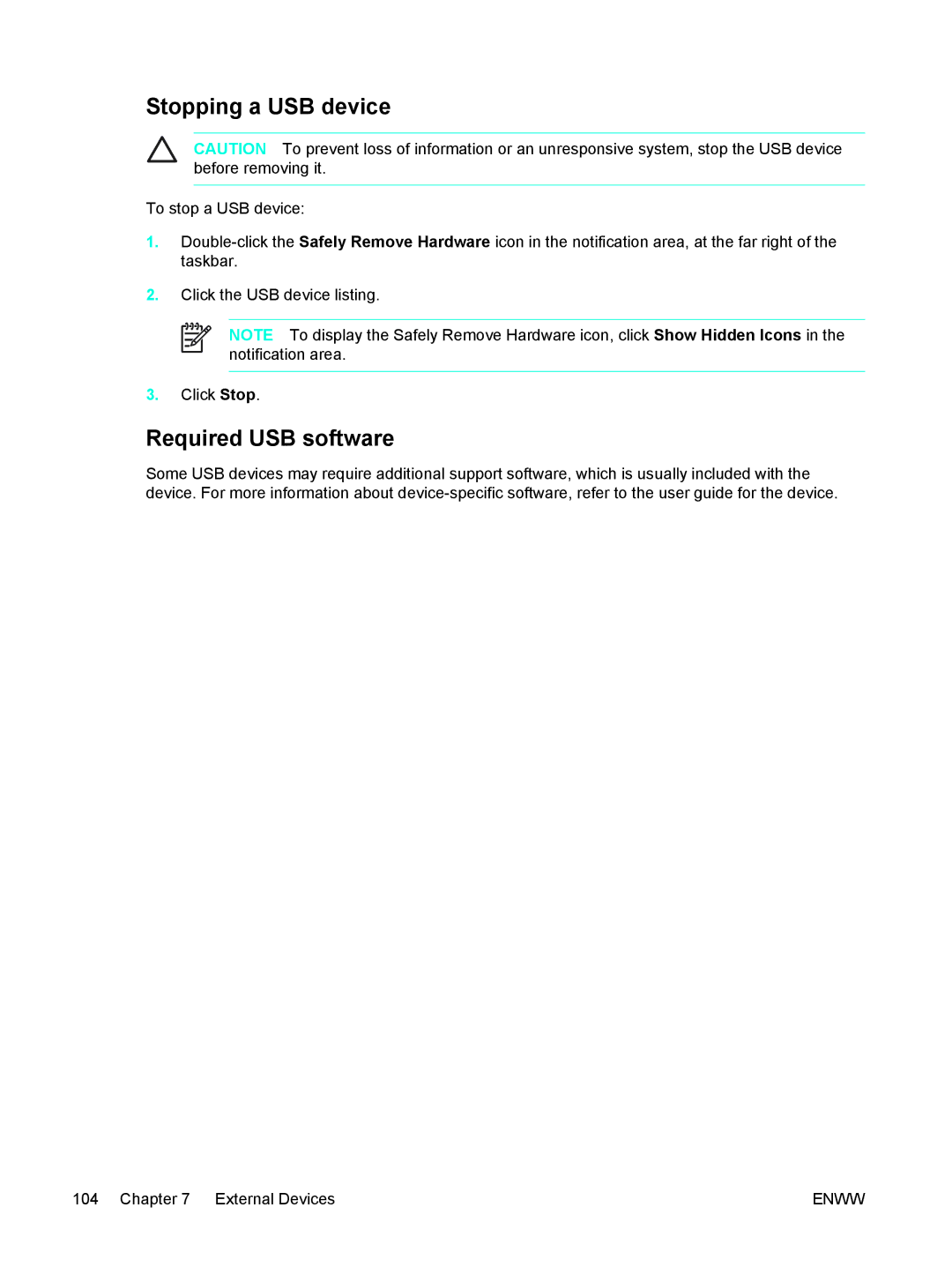 HP C2N25UA manual Stopping a USB device, Required USB software 