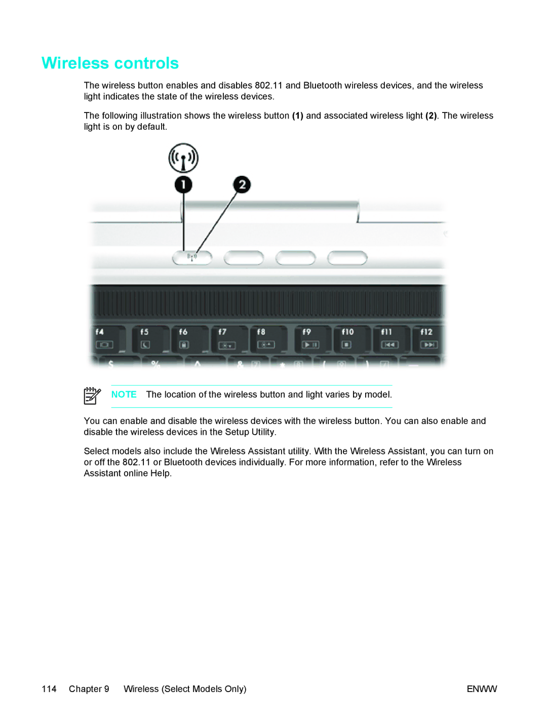 HP C2N25UA manual Wireless controls 