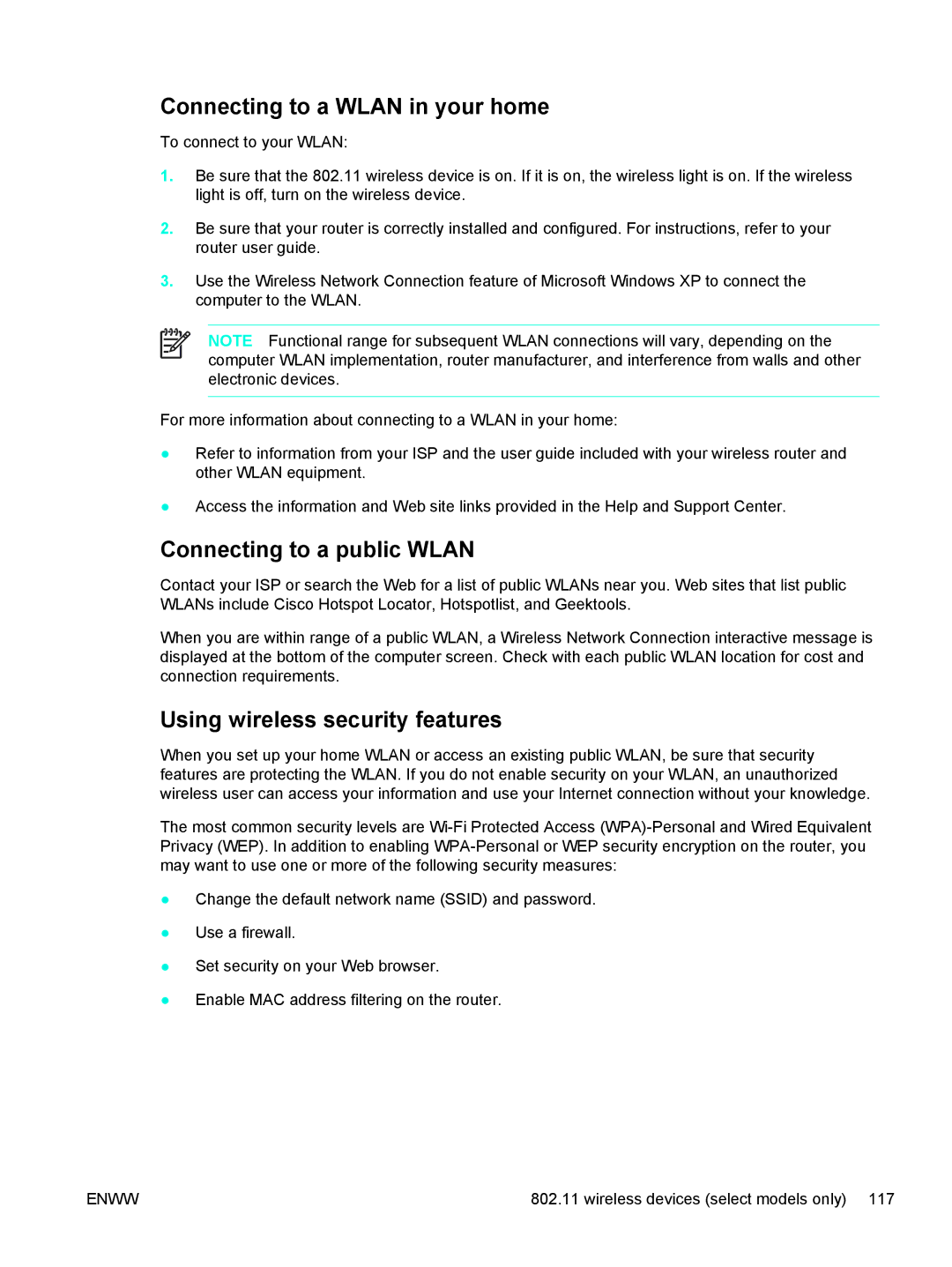 HP C2N25UA manual Connecting to a Wlan in your home, Connecting to a public Wlan, Using wireless security features 