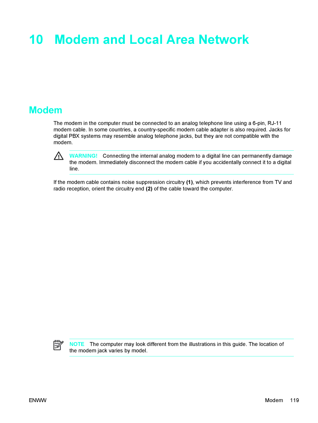 HP C2N25UA manual Modem and Local Area Network 