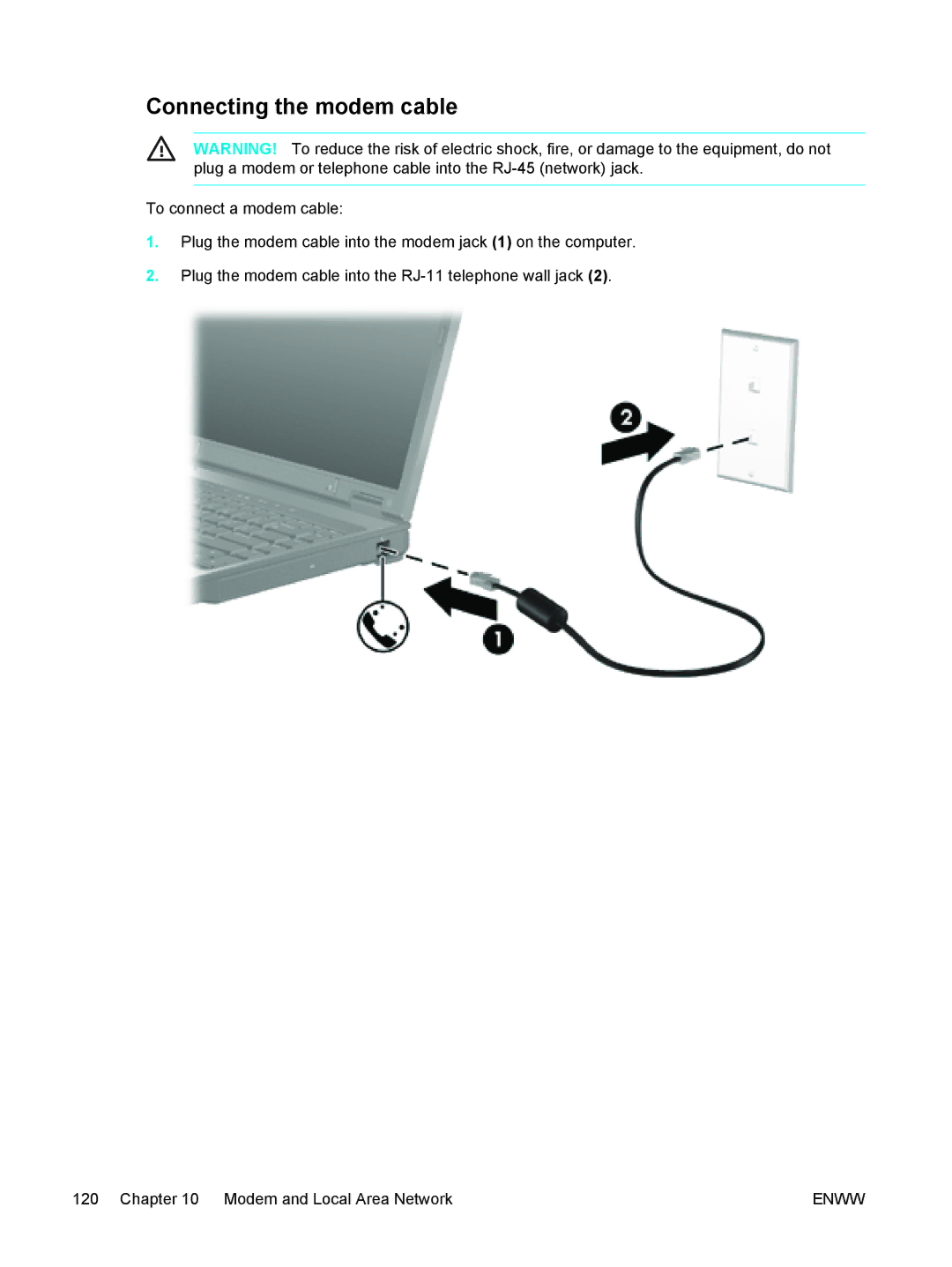 HP C2N25UA manual Connecting the modem cable 