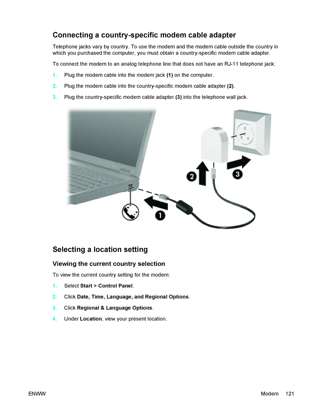 HP C2N25UA manual Connecting a country-specific modem cable adapter, Selecting a location setting 