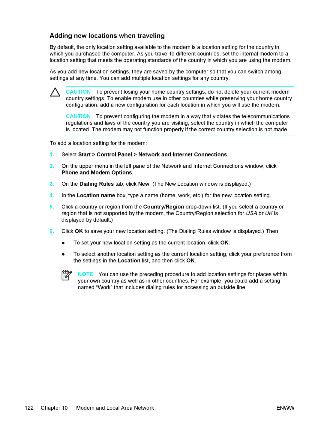 HP C2N25UA manual Adding new locations when traveling, Select Start Control Panel Network and Internet Connections 