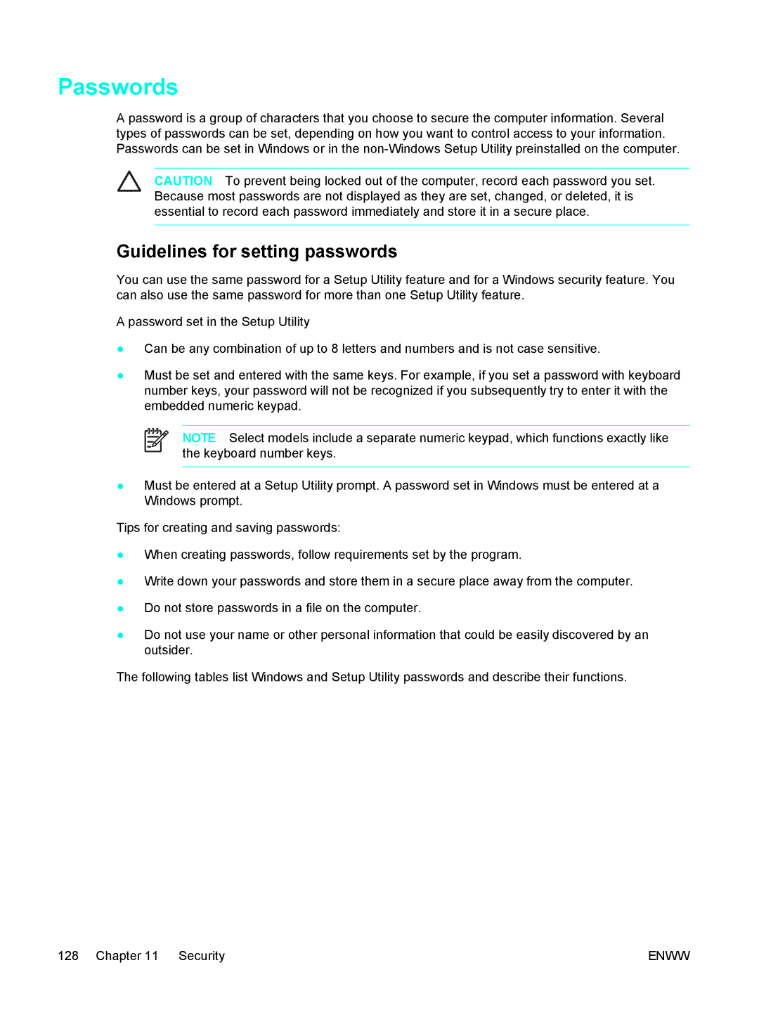 HP C2N25UA manual Passwords, Guidelines for setting passwords 