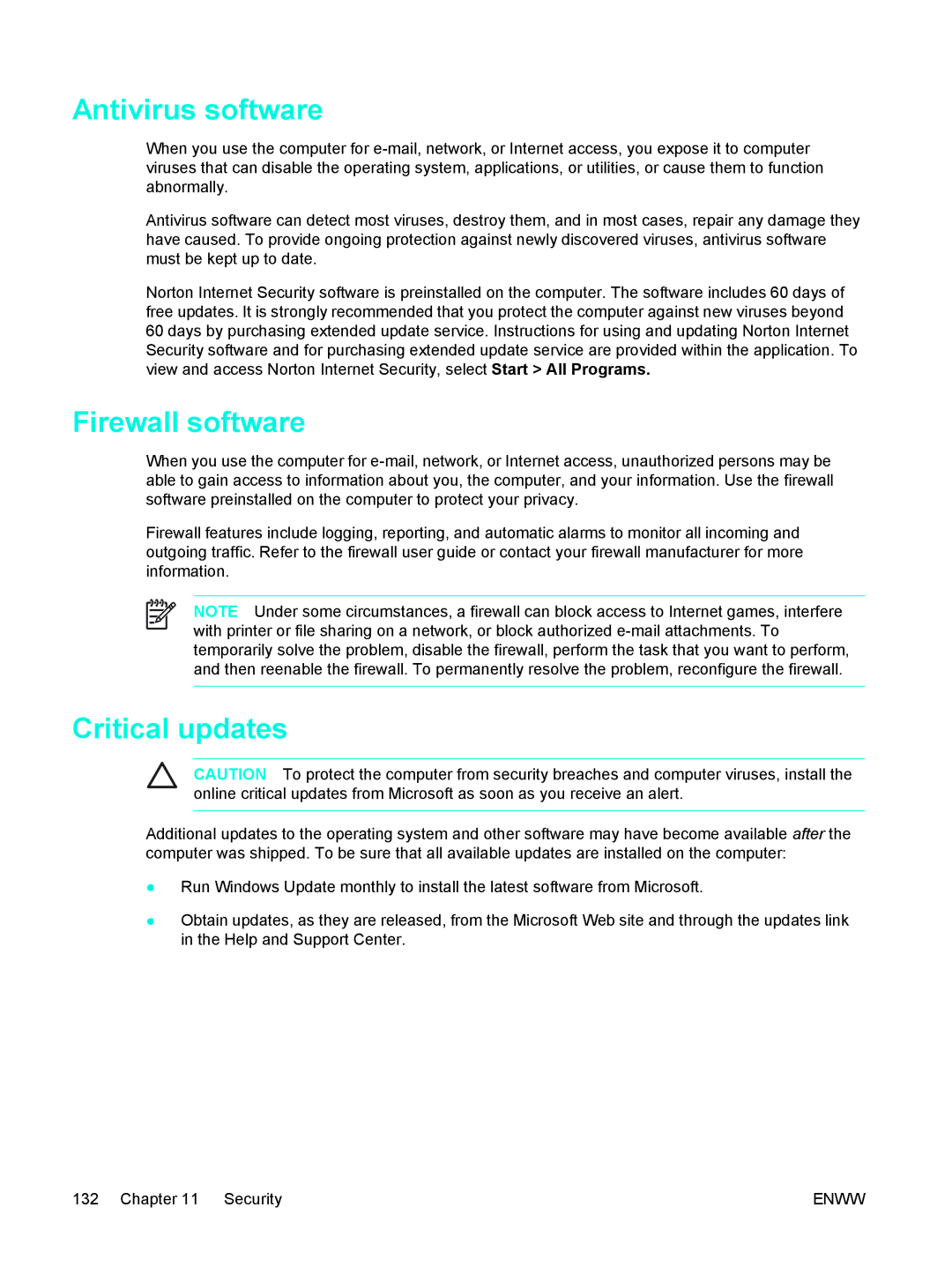 HP C2N25UA manual Antivirus software, Firewall software, Critical updates 