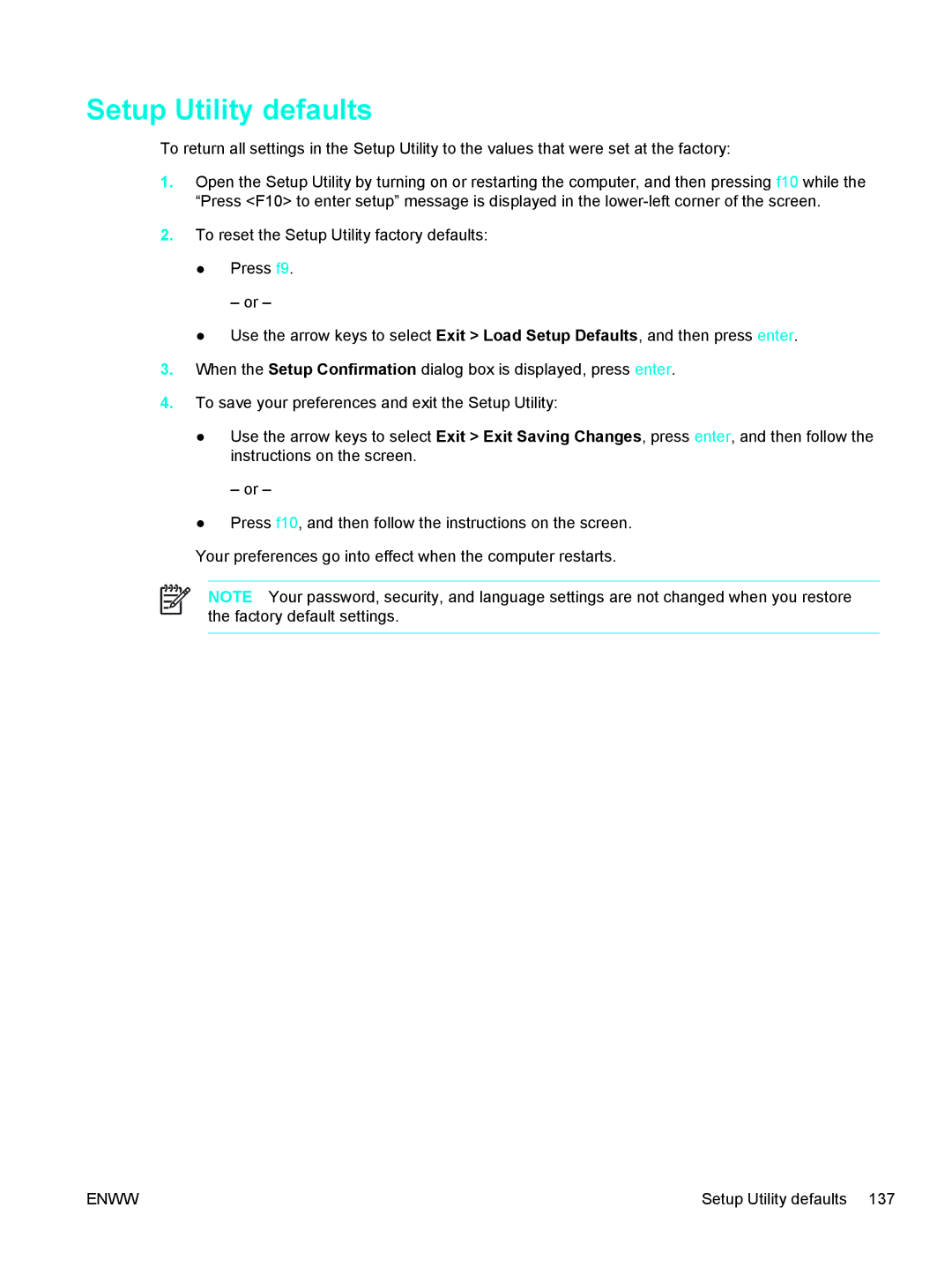 HP C2N25UA manual Setup Utility defaults 