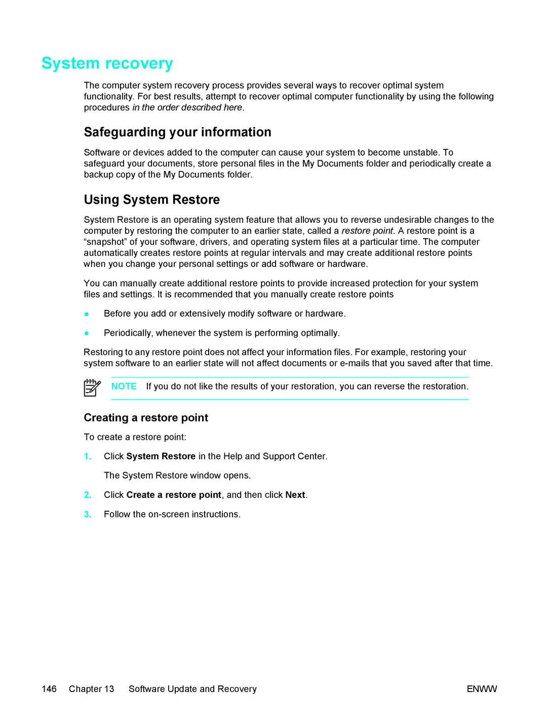 HP C2N25UA manual System recovery, Safeguarding your information, Using System Restore, Creating a restore point 