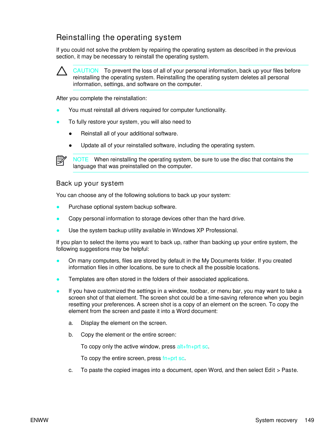 HP C2N25UA manual Reinstalling the operating system, Back up your system 