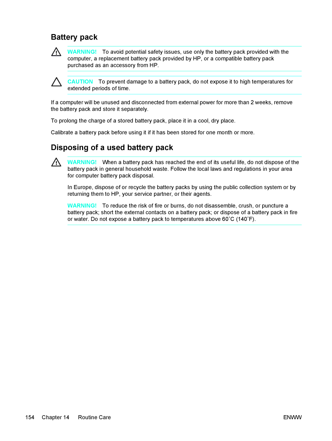 HP C2N25UA manual Battery pack, Disposing of a used battery pack 