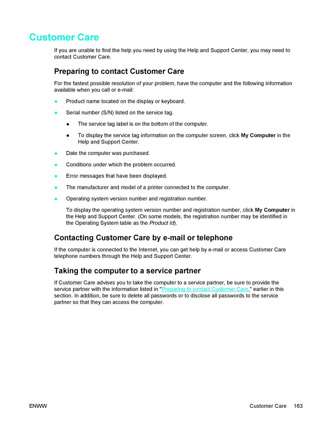 HP C2N25UA manual Preparing to contact Customer Care, Contacting Customer Care by e-mail or telephone 