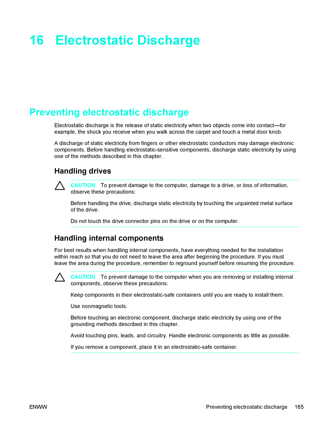 HP C2N25UA Electrostatic Discharge, Preventing electrostatic discharge, Handling drives, Handling internal components 