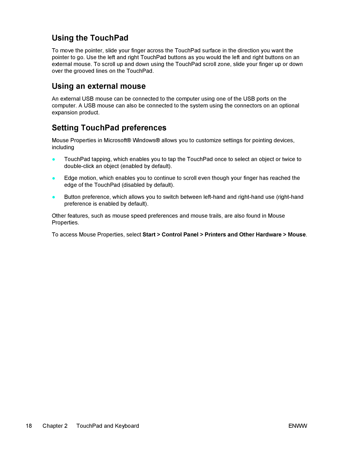 HP C2N25UA manual Using the TouchPad, Using an external mouse, Setting TouchPad preferences 
