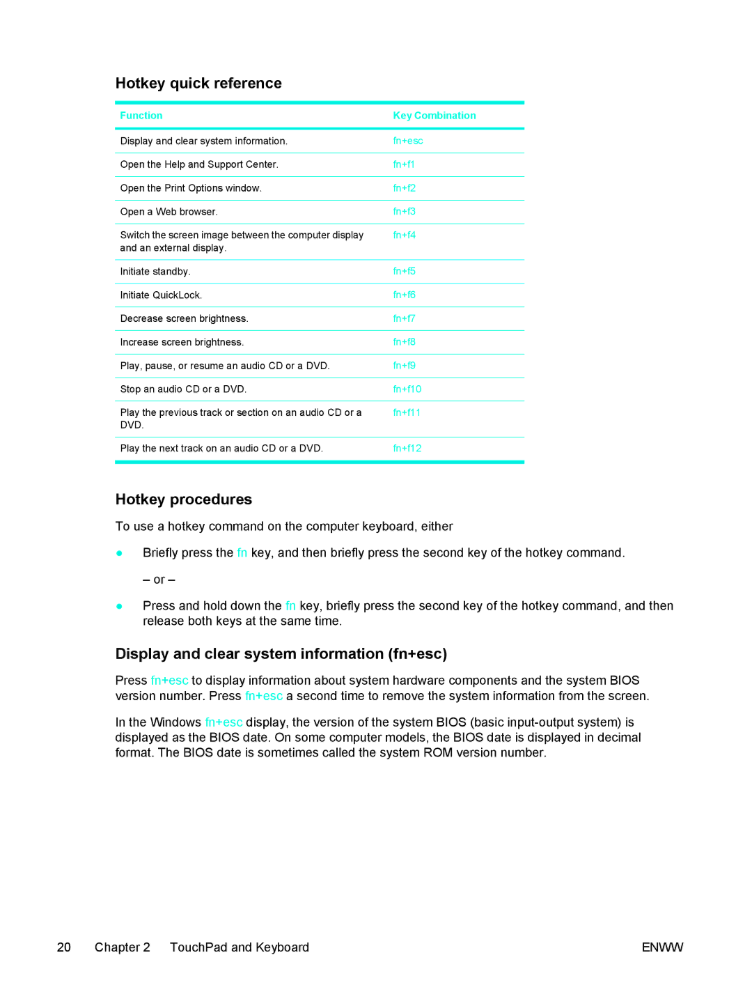 HP C2N25UA manual Hotkey quick reference, Hotkey procedures, Display and clear system information fn+esc 