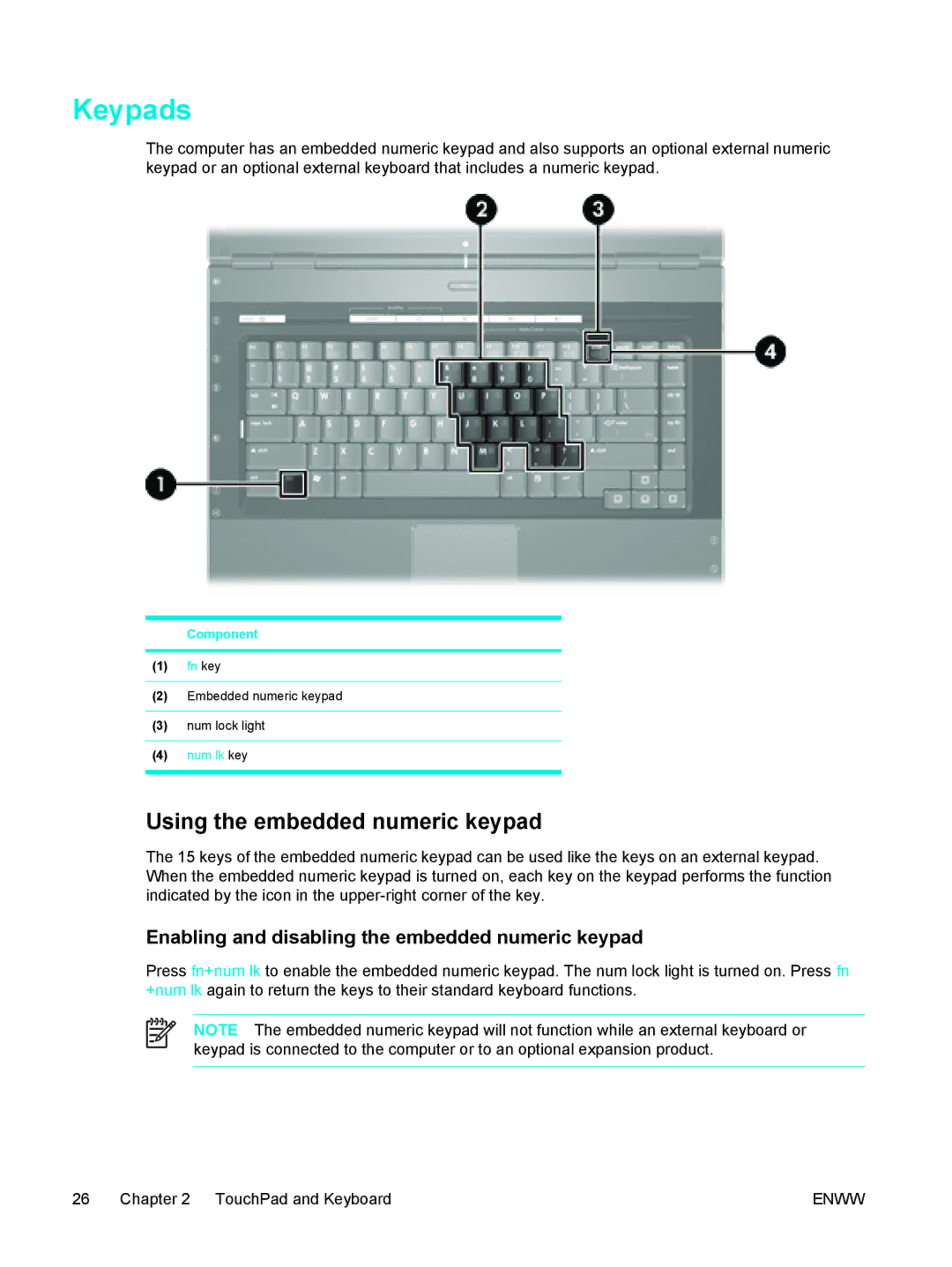 HP C2N25UA manual Keypads, Using the embedded numeric keypad, Enabling and disabling the embedded numeric keypad 