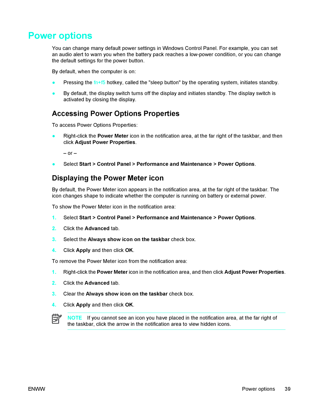 HP C2N25UA manual Power options, Accessing Power Options Properties, Displaying the Power Meter icon 