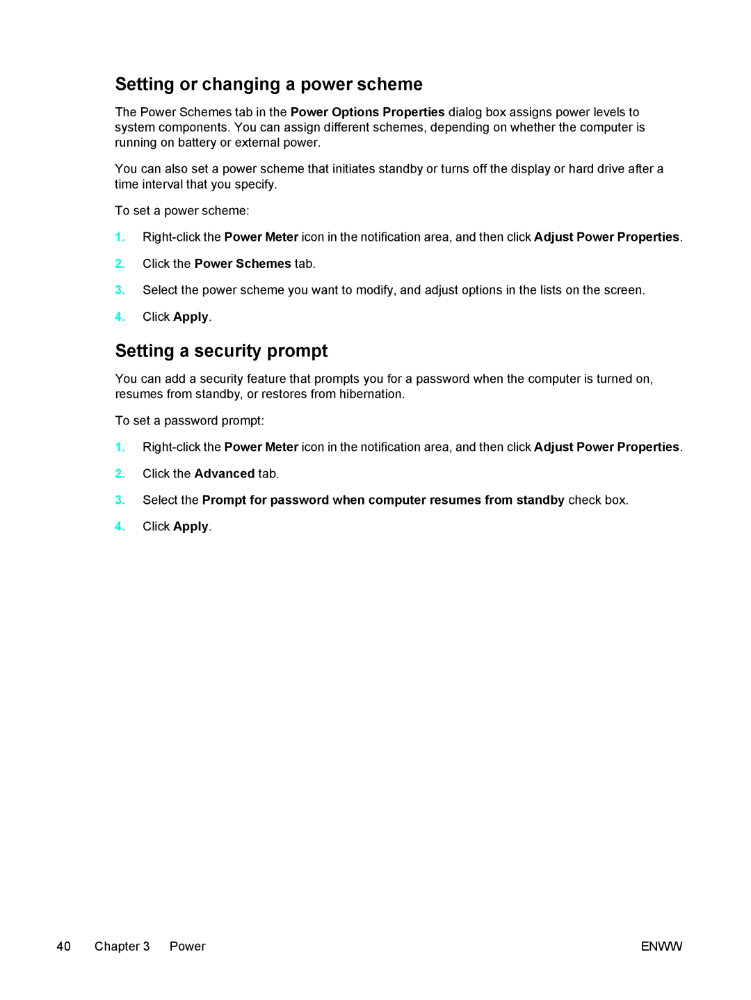 HP C2N25UA manual Setting or changing a power scheme, Setting a security prompt 