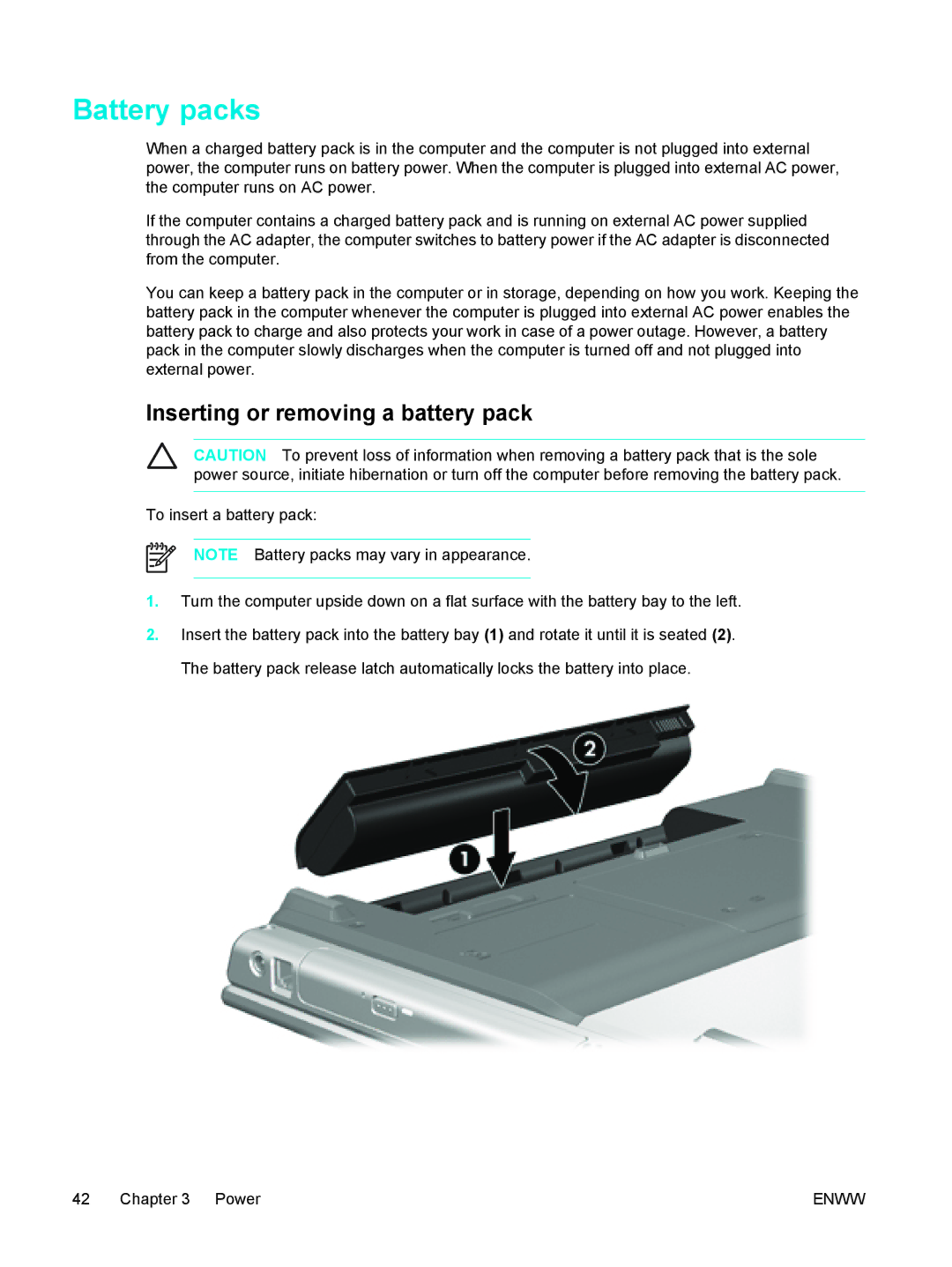 HP C2N25UA manual Battery packs, Inserting or removing a battery pack 