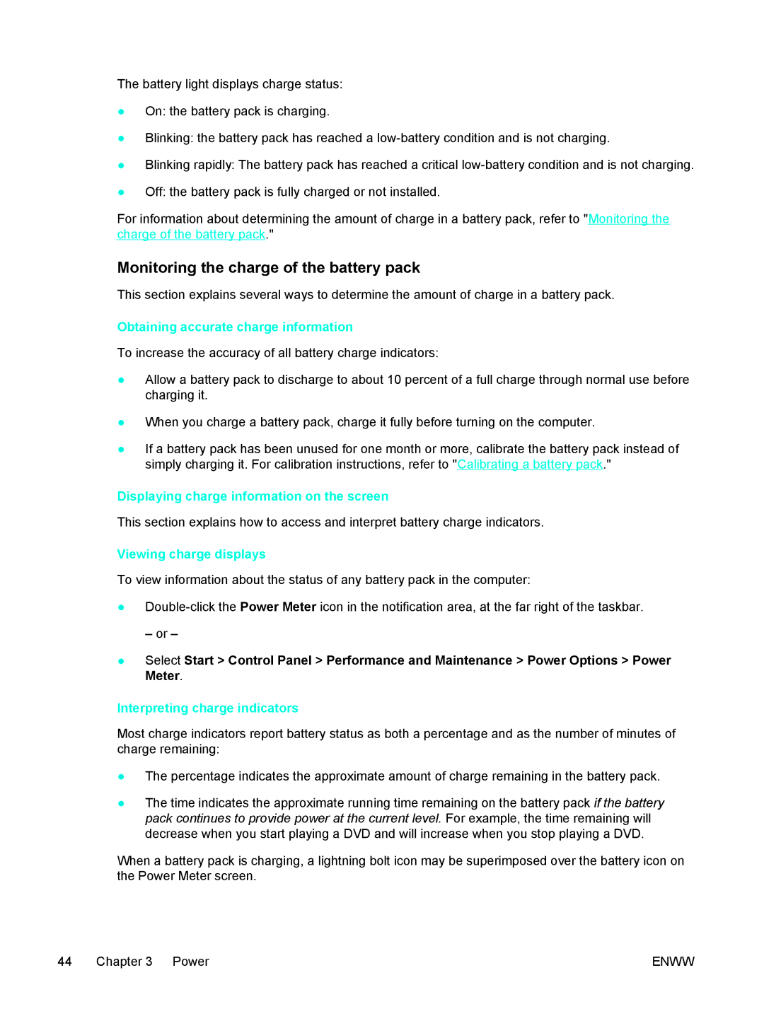 HP C2N25UA manual Monitoring the charge of the battery pack, Obtaining accurate charge information, Viewing charge displays 