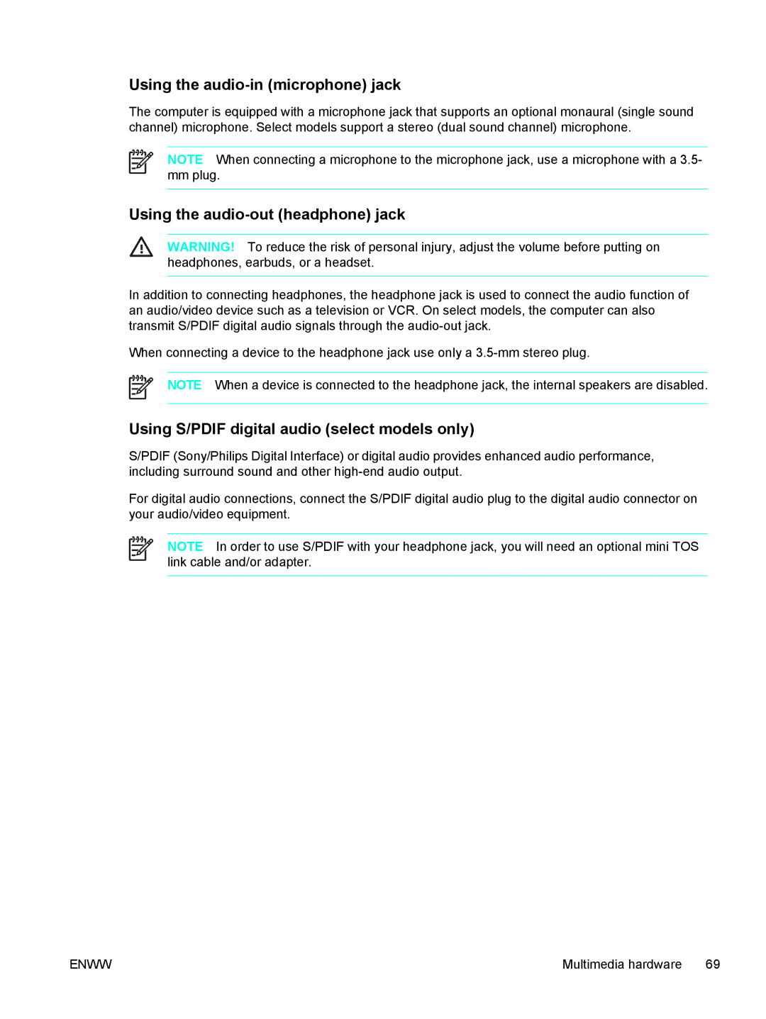 HP C2N25UA manual Using the audio-in microphone jack, Using the audio-out headphone jack 