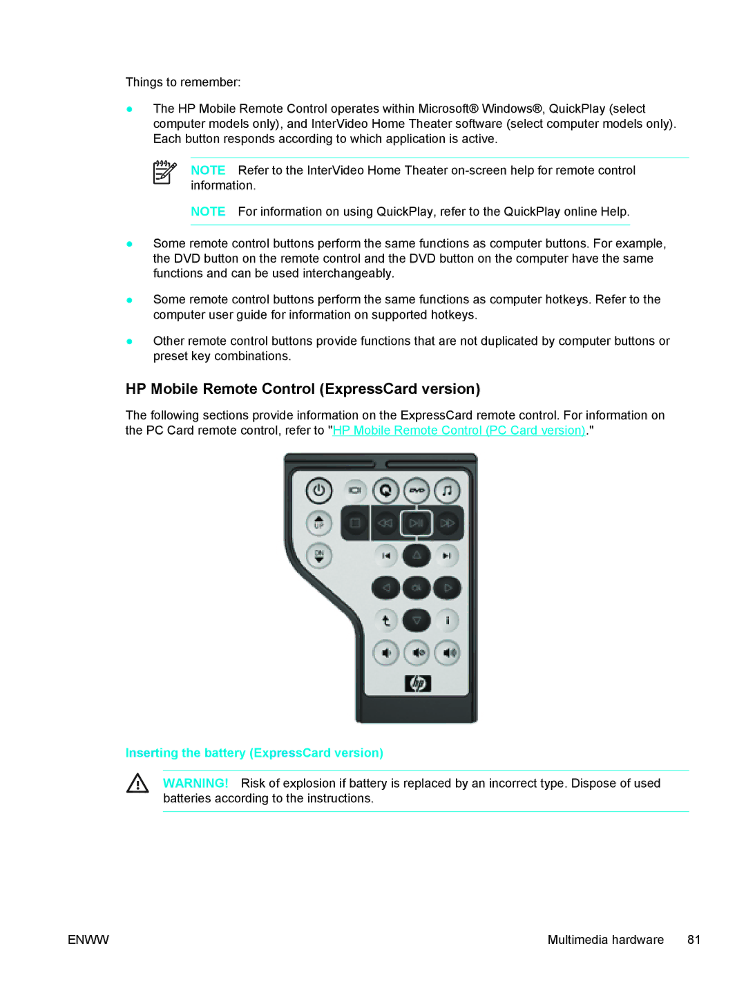 HP C2N25UA manual HP Mobile Remote Control ExpressCard version, Inserting the battery ExpressCard version 