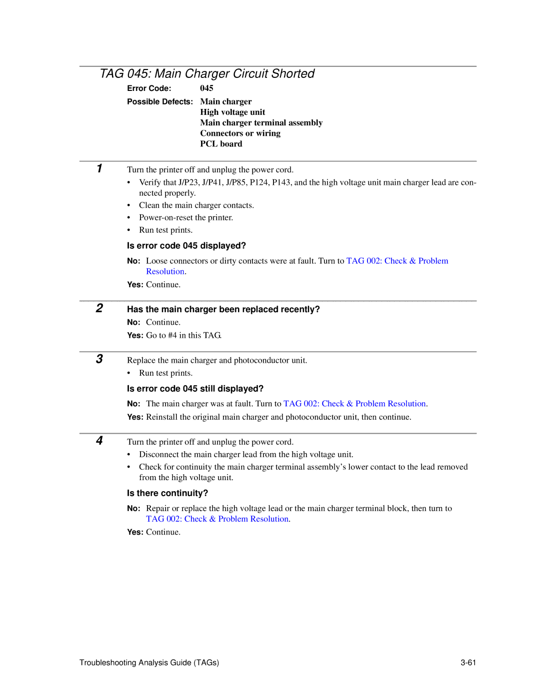 HP C30 manual TAG 045 Main Charger Circuit Shorted, Is error code 045 displayed?, Is error code 045 still displayed? 