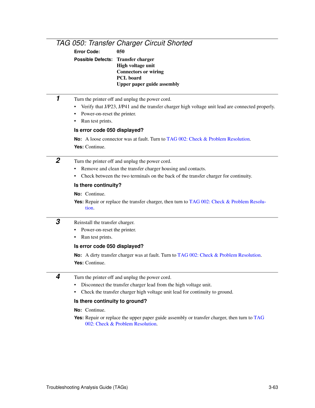 HP C30 manual TAG 050 Transfer Charger Circuit Shorted, Is there continuity to ground? 