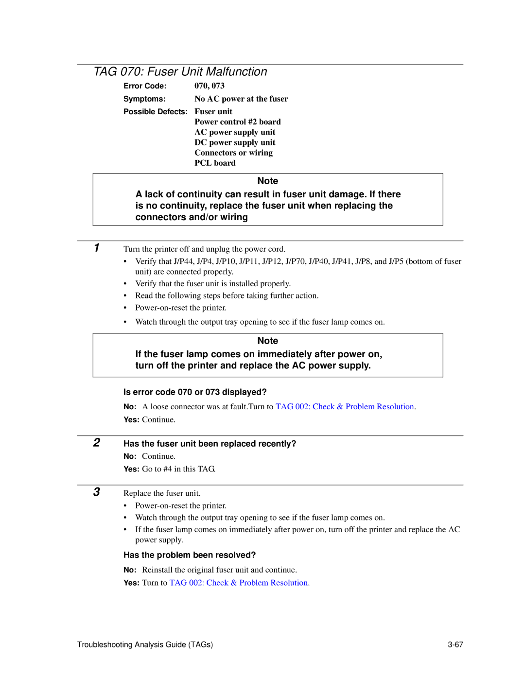 HP C30 manual TAG 070 Fuser Unit Malfunction, Is error code 070 or 073 displayed? 