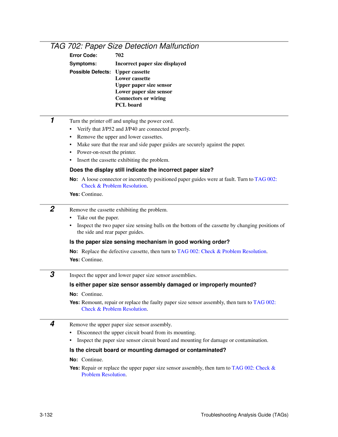 HP C30 manual TAG 702 Paper Size Detection Malfunction, Does the display still indicate the incorrect paper size? 